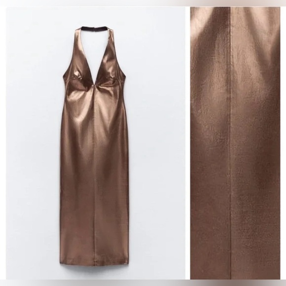 🤎❤️‍🔥Zara Metallic Bronze STUNNING Halterneck Midi Dress🤎❤️‍🔥SZ XS-NWT - Picture 5 of 16
